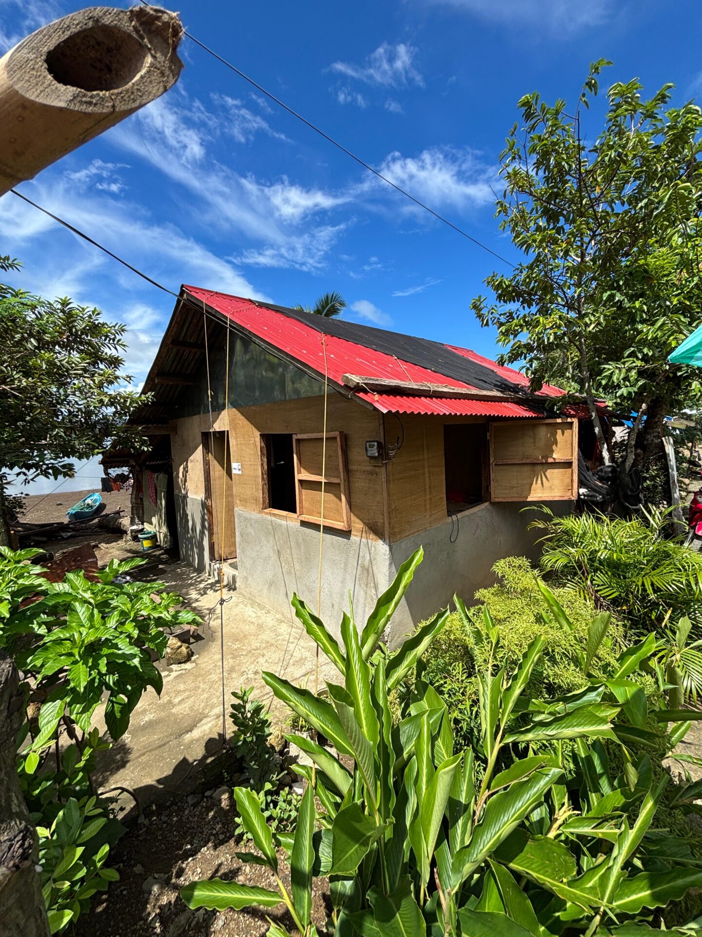 Ein fast fertiges Haus umgeben von Pflanzen, im Hintergrund Wasser.